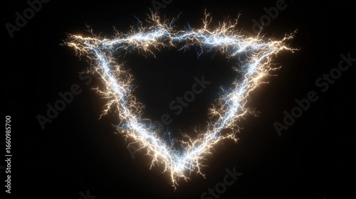 Glowing electrifying energy forms a triangular frame against a black backdrop, intense sparks defining its shape