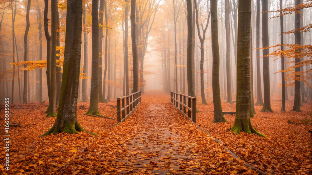 Fototapeta premium Enchanting Autumn Forest Path With Wooden Bridge Covered In Fallen Leaves walkway