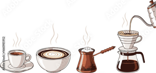 A vector set of four global coffees: espresso, café au lait, Turkish, and pour-over. Clean, flat design showcasing international coffee culture.