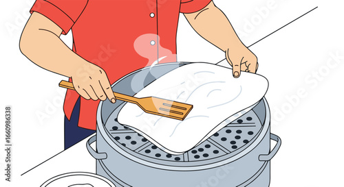 Vector illustration of a cook preparing fresh steamed rice noodle sheets, a key step in making traditional Asian cuisine.