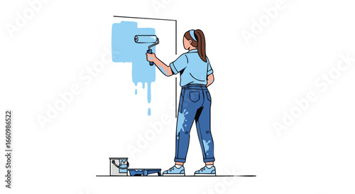 Painting transformation: Woman with roller breathes life into walls, creating vibrant blue brushstrokes and a fresh atmosphere with confident strokes