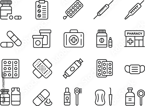 Medical and healthcare icons set, pills, medicine bottles, thermometer, syringe, bandages, face mask, first aid kit, pharmacy, dental care