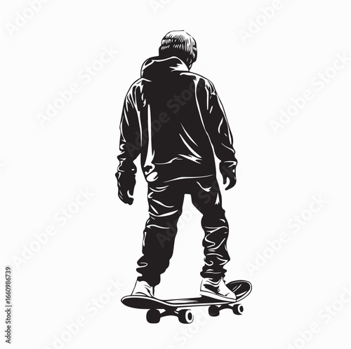 Silhouette of Young Man on Street with Skateboard Vector Illustration