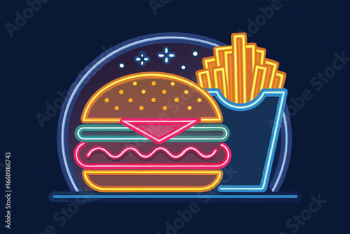 Bright neon sign for "fast food night" featuring burger and fries.