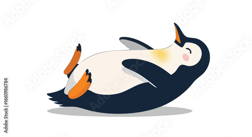 Charming illustrated penguin lying on its back against a plain background showcasing a whimsical and cheerful mood in a simple design