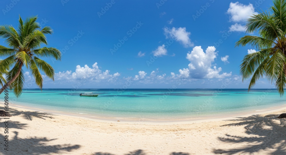 Fototapeta premium Tropical Paradise: Azure Waters, Sandy Beach, Palm Trees, and Sunny Sky.