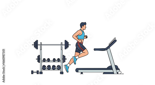 Athletic man training on treadmill, showcasing fitness routine at the gym with weight rack, promoting a healthy lifestyle and exercise goals