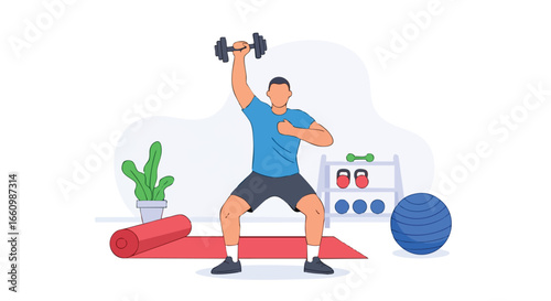 Home fitness journey: Illustrated man performing dumbbell overhead squat exercise routine at indoor gym with other equipment for well being