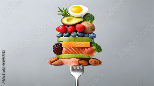 A balanced diet of healthy foods stacked on a fork