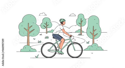 Serene cycling: An artistic illustration of a cyclist enjoying a ride through a lush green park with stylized trees and a calm atmosphere