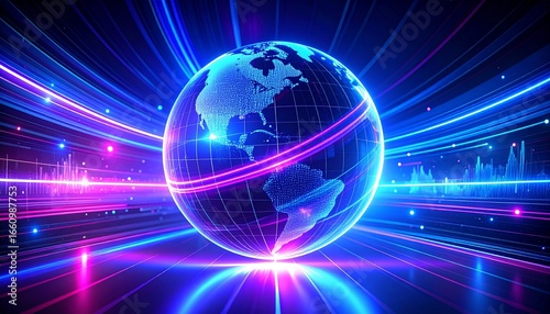 Futuristic global network concept with a luminous wireframe Earth surrounded by abstract data streams and neon lights