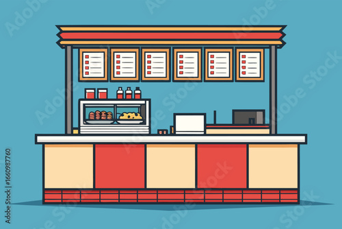 Fast food restaurant counter with menu boards and cash register.