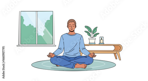 Serene meditation illustration: A man finds peace in a blue-toned room, fostering relaxation and mindfulness at home for personal growth and wellness
