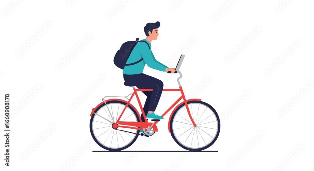 Naklejka premium Digital Nomad: Conceptual Illustration of a Man Working on a Laptop While Riding a Bicycle, Embracing Remote Work
