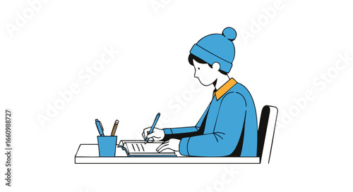 Creative student absorbed in study session writing notes at minimalist table with pen cup and focused expression in a modern study environment