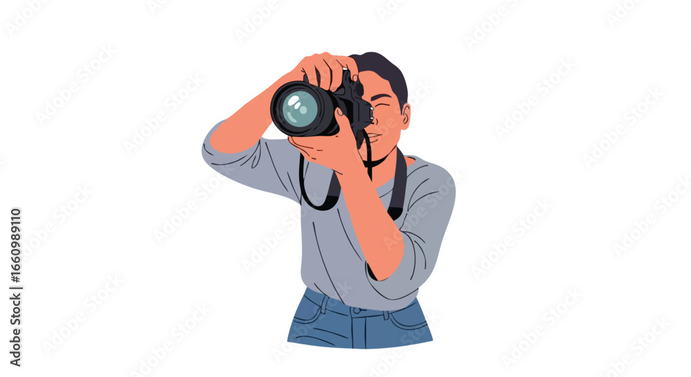 Fototapeta premium Focused photographer in action capturing moments with professional camera lens technology portraying artistry and skill in image creation
