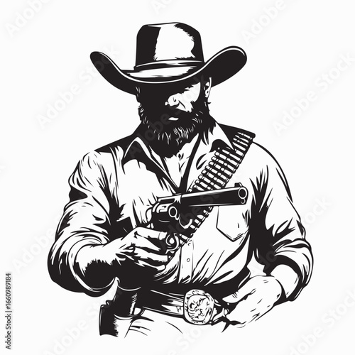Bearded Old Man Wearing Cowboy Hat Holding Pistol Vector Illustration Design