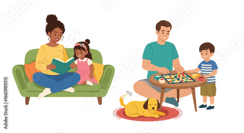 Family bonding time: A mother reads to her daughter while a father plays a board game with his son and their dog rests nearby