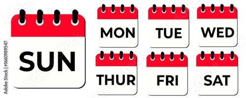 Colorful Weekly Calendar Icons – Sunday to Saturday, Illustration of a weekly calendar showing all seven days from Sunday to Saturday