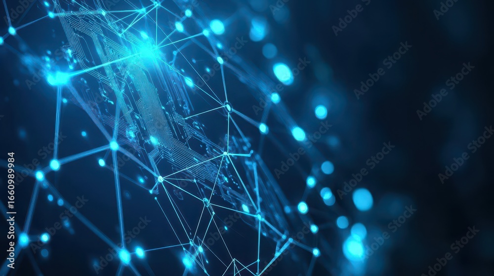 Fototapeta premium Futuristic digital network visualization with interconnected glowing lines and dots representing data transfer and communication technology concepts