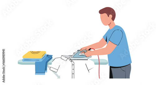 A person carefully irons a white shirt on an ironing board with folded clothes nearby illustrating domestic task concept and everyday household