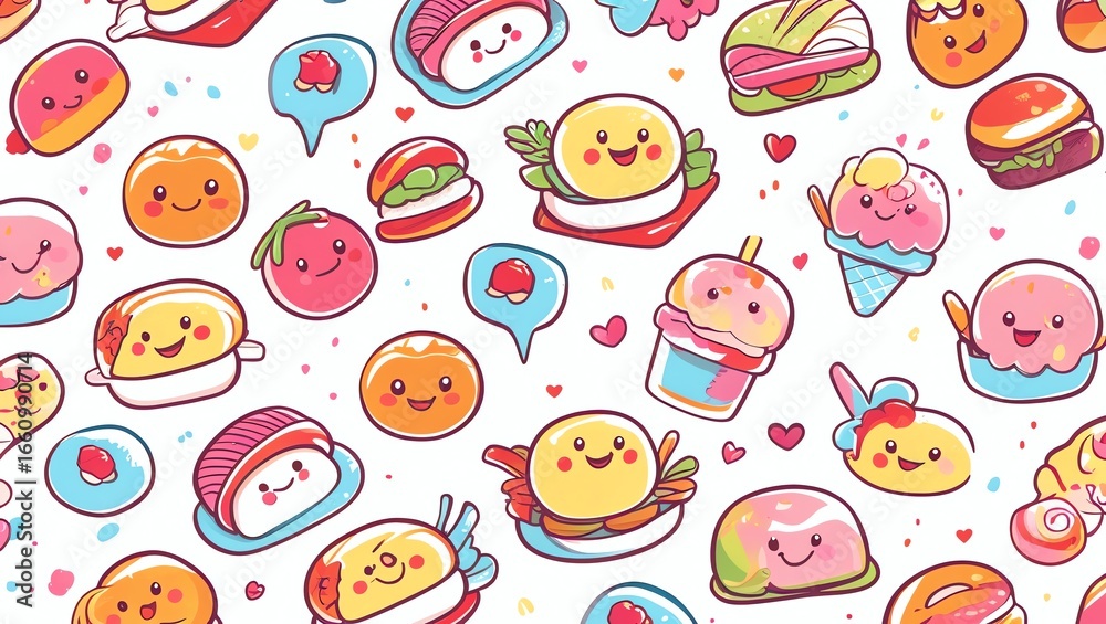 Fototapeta premium Kawaii Food Pattern: Delightful Cartoon Food Illustrations