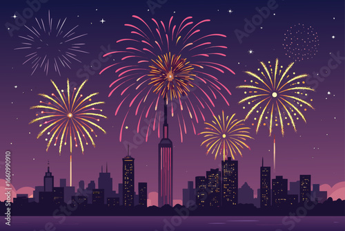 Dazzling fireworks explode over a city skyline.