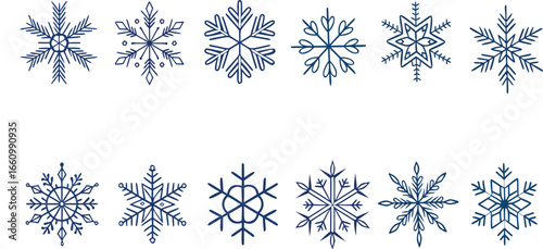 Diverse blue snowflakes with intricate patterns and delicate designs winter crystal