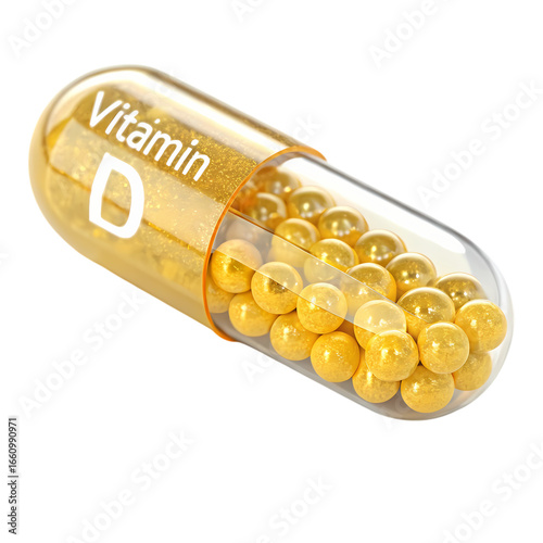 Vitamin D Supplement Capsule: Close-up of a transparent capsule filled with golden spheres, labeled 'Vitamin D'. isolated on transparent background