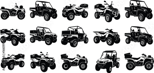 ATV and UTV silhouette vector set featuring diverse off-road vehicle designs for adventure, utility, motorsport, and automotive design themes