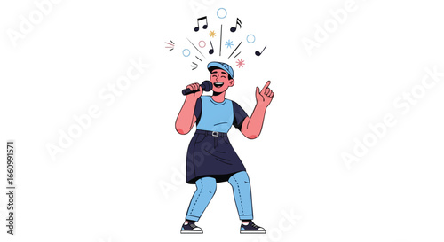 Energetic karaoke performer captivating audience with infectious enthusiasm and melodious song creating a lively atmosphere filled with joy and