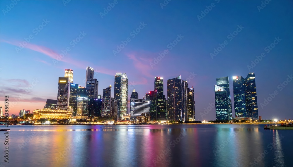 Fototapeta premium Stunning cityscape at dusk showcasing a modern skyline of skyscrapers illuminated with colorful lights reflecting on a calm water body with a vibrant sky in the background