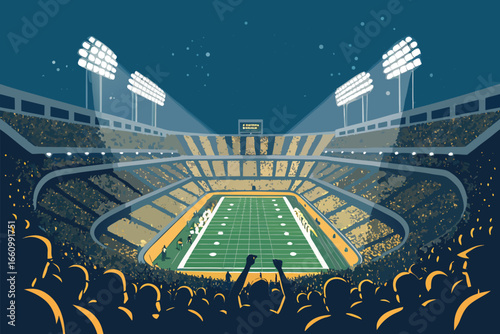 Football stadium packed with a roaring crowd under lights.