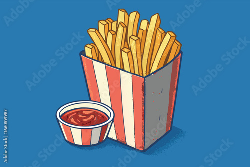 Delicious French fries in a striped paper box with ketchup.