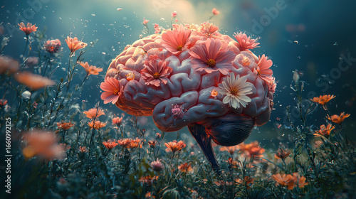 A vibrant, blooming human brain, its surface adorned with delicate flowers symbolizing creativity and mental well-being, radiates a positive aura, reflecting a generative AI capable of infinite 