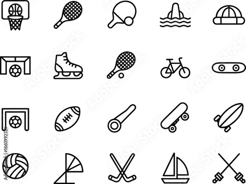 Sports icons, basketball, tennis racket, ping pong paddle, water sports, cycling, soccer goal, roller skate, skateboard, surfboard, hockey sticks
