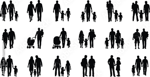 Family silhouette vector set showing diverse adult-child interactions, strollers, and bonding poses for lifestyle, parenting, care, and design themes