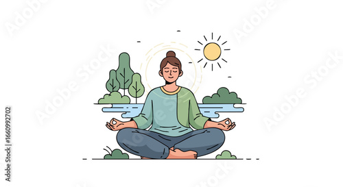 A serene woman meditating in nature, seeking inner peace and balance, amidst trees and sunlight, demonstrating mindfulness and tranquility for
