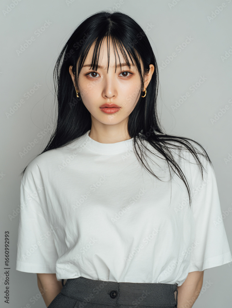Fototapeta premium A beautiful female model wearing a white t-shirt. A product shot for fashion and apparel. best use for mockup.