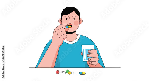 Person taking medication with water depicted in minimalist style illustration highlighting the act of self-care for health and wellness