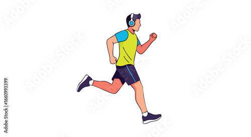 Illustrated Runner with Headphones: A Vibrant Depiction of Athleticism and Sound   Aesthetic Flat Illustration of a man Jogging wearing Headphones