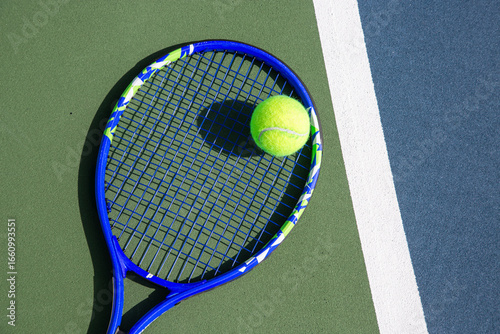 Raquette bleue avec balle de tennis sur terrain vert