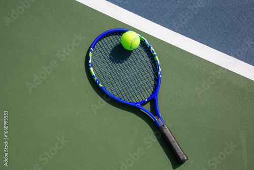 Raquette posée avec balle sur court de tennis