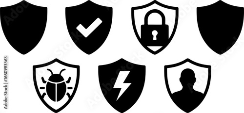 A collection of seven shield icons displaying various security and protection concepts in black and white