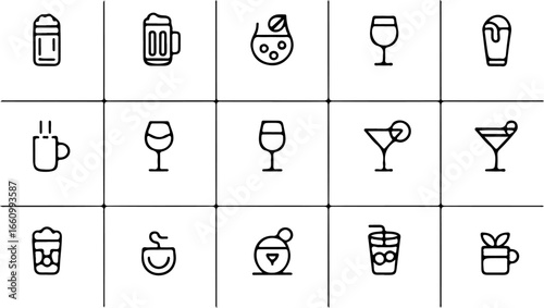 Collection of various drink icons including beer wine cocktails and other beverages in black and white
