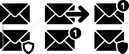 A set of six black email icons with different states and symbols in a two row by three column layout
