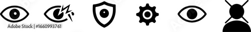 A collection of stylized black icons on a white background featuring eyes and security symbols together