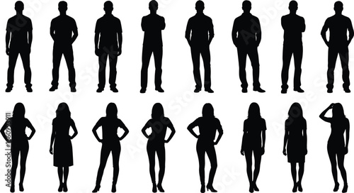 Standing people silhouette vector set featuring diverse postures and clothing styles for lifestyle, fashion, presentation, and design themes