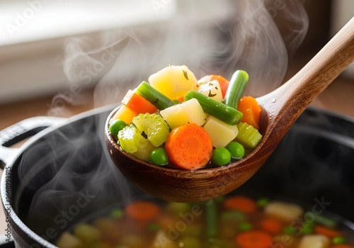 Hot vegetable broth with carrots, potatoes, broccoli, and red bell peppers.
