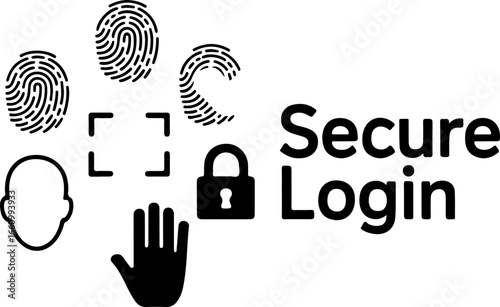 A digital security concept with fingerprints, face scan, hand scan, and padlock for secure login access